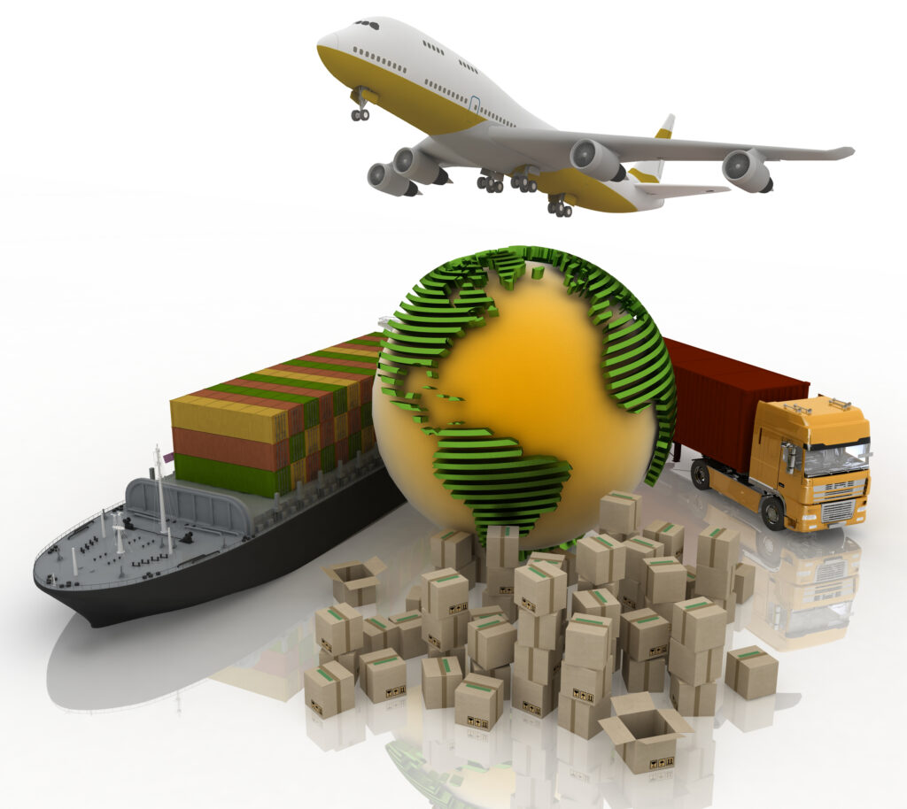 3d world wide cargo transport concept, featuring a yelow and green globe/world in the background, with a commercial plane, a cargo liner with tankers, a transport truck, and a stack of carboard boxes in the forefront