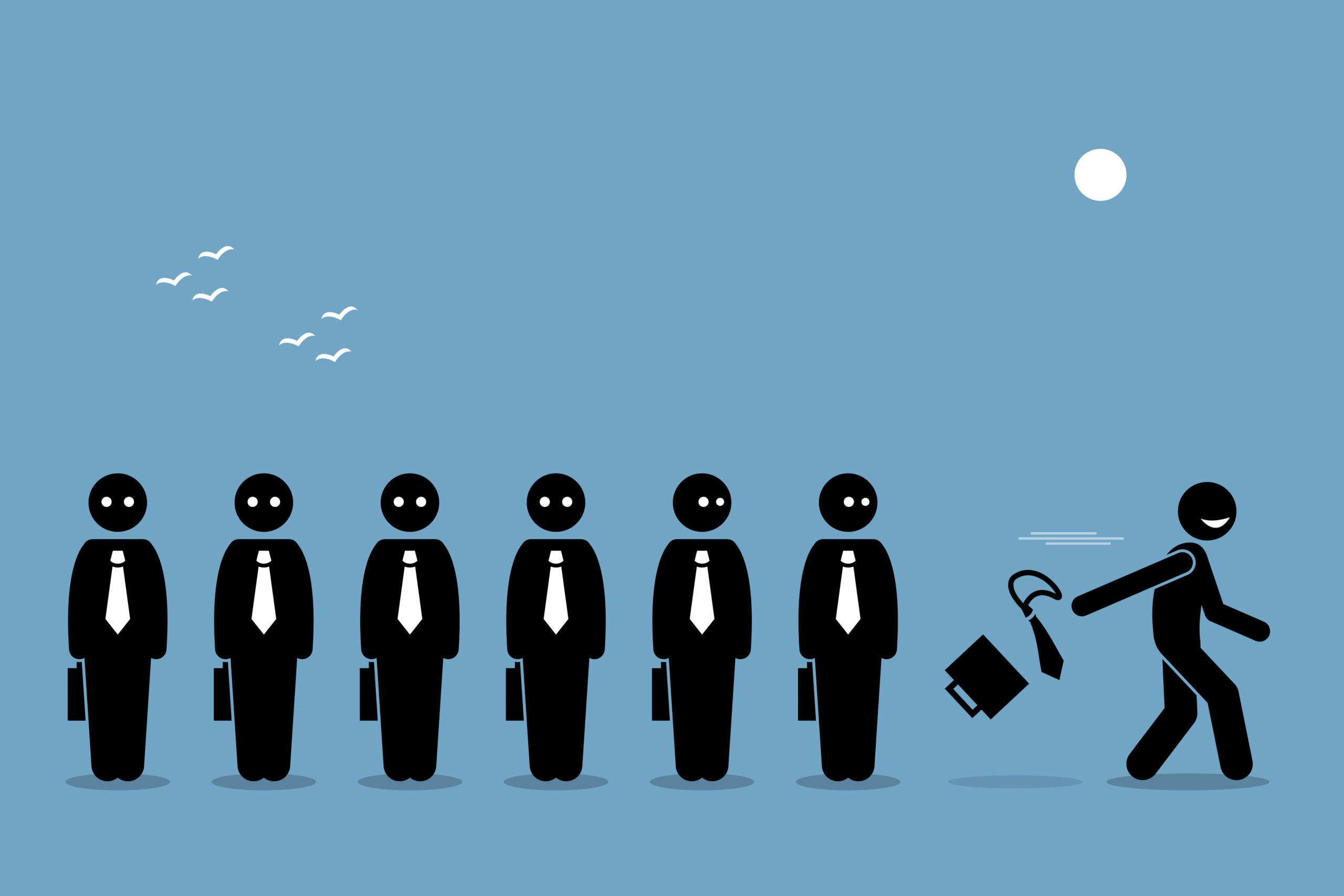 cartoon image of 7 employees, 6 of which are standing in a line side by side, clad all in black but with white ties and all holding briefcases at their sides, save for one smiling employee on the right who is throwing away their tie and briefcase in jubilation at having just quit their job and leaving the all behind him, 2 flocks of seagulls numbering 3 a pair, fly in the distance and white moon is in the sky