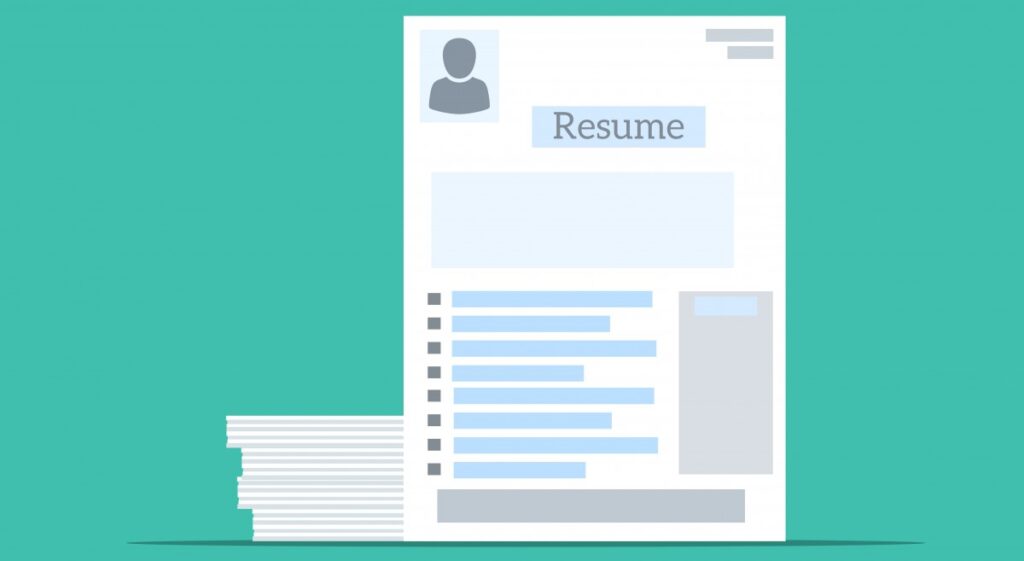 cartoon drawing of a sample resume with unreadable text but which conveys a resumve, on a green background