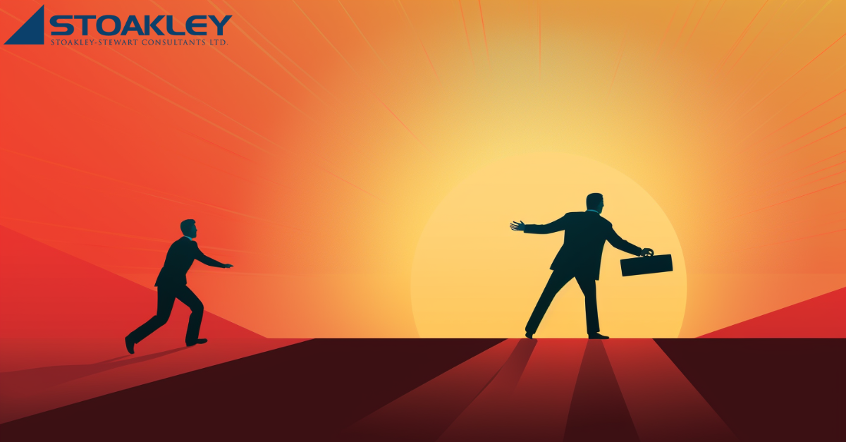 an abstract depiction of an employer trying to prevent an employee from leaving for another opportunity, exemplified by a orange, red and yellow colour palette, a shadow of an employer reaches out to the leaving employee, the shadow of the leaving employee is moving away from the employer/job, towards a sunset/sun, indicating a better opportunity