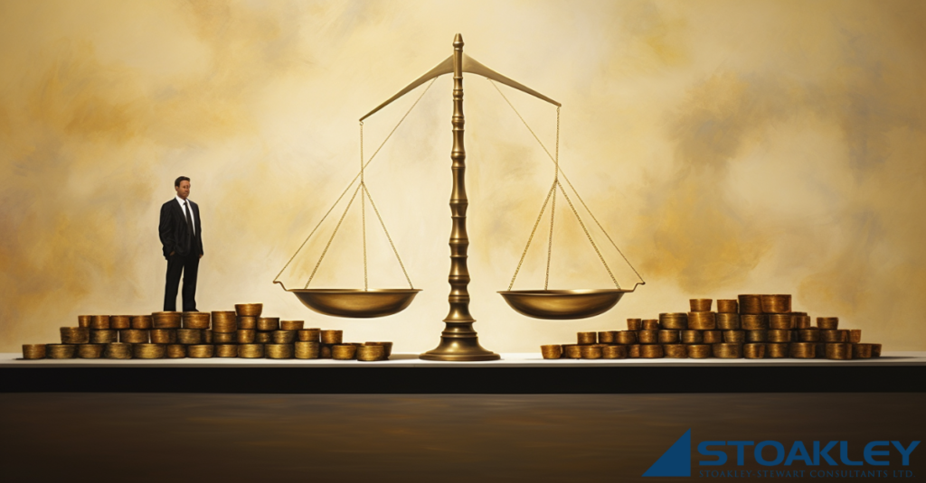 a depiction of the scales of justice, with two piles of gold coins on either side of the scale, a business man in a suit stands on one of the piles of coins