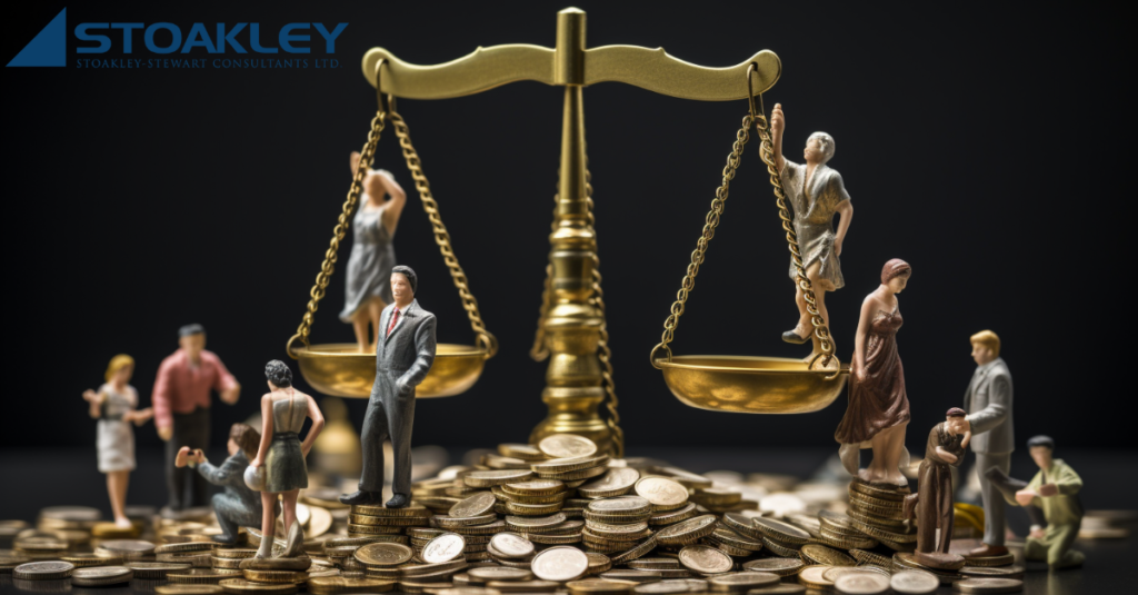 the scales of justice with figurines of various female and male professionals standing on the scales and surrounding them, at the base of the scales lies a pile of coins