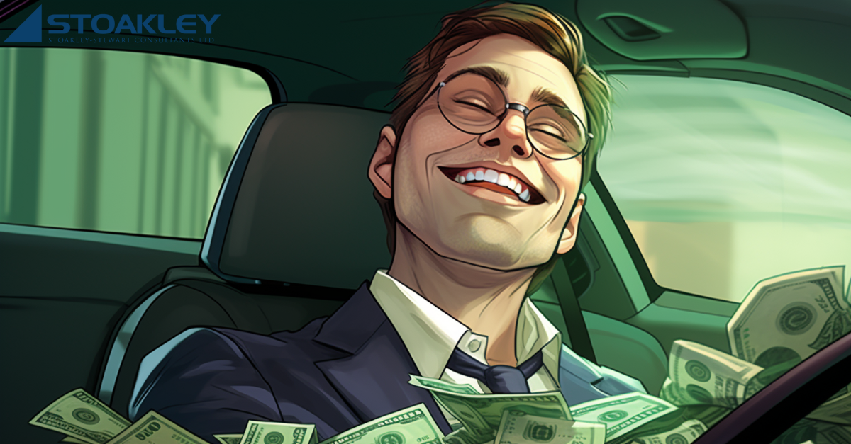 a smiling and elated looking 30's something Caucasian man with glasses, dressed in a suit, sits in his car on his commute to work, up to his neck in dollar bills, compensation from his emplyoyer for his commuting time, as a retention/talent acqusition effort to attract him back into the office vs. working from home