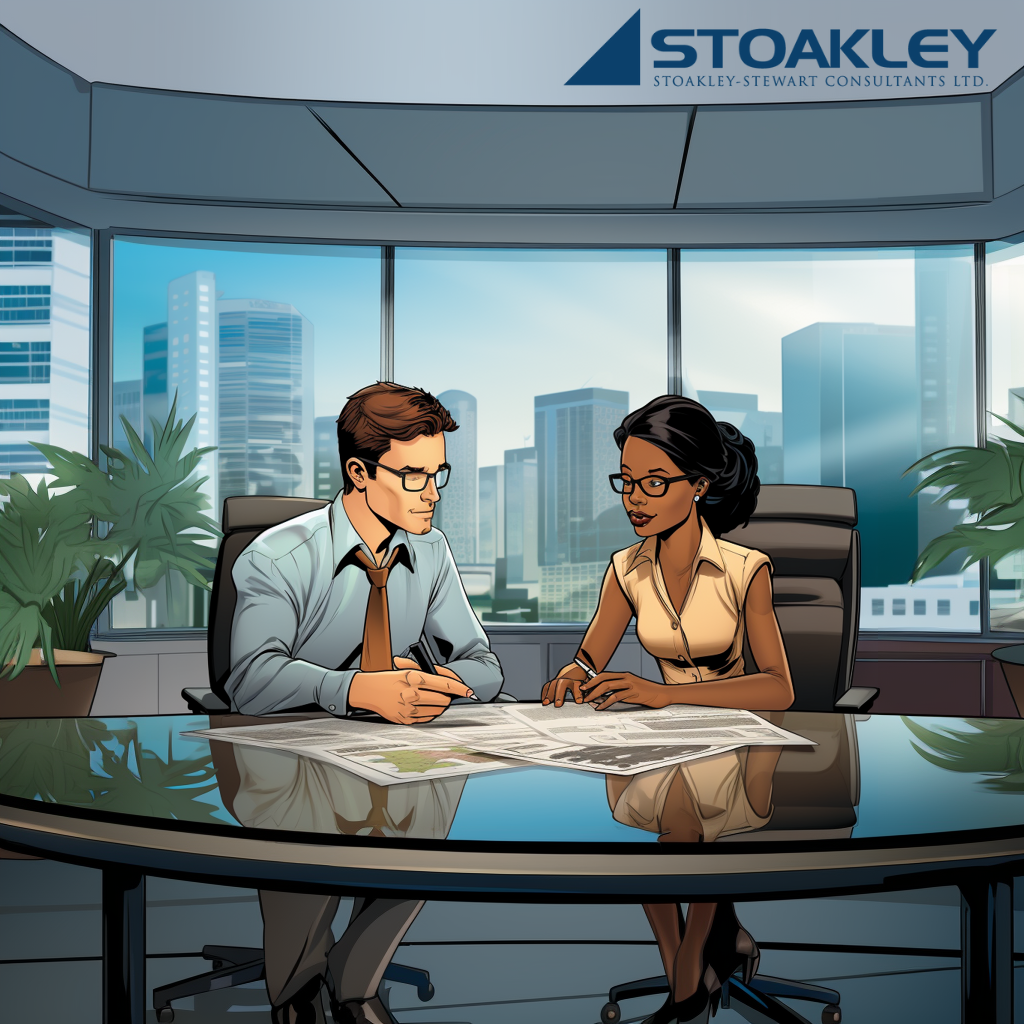 realistic cartoon image of a young caucasian professional in a blue dress shirt, tie, and glasses, sitting on the same side of a glass table in a boardroom, beside a young african-canadian woman with glasses in a blouse, poring over several sheets of paper, examining a job offer together