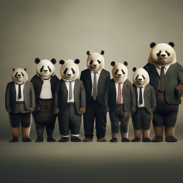 A group of 7 anthropomorphic pandas stand in a line, shoulder to shoulder, all dressed in grey, white and black business attire, all different heights, with one panda sticking out as clearly the tallest panda