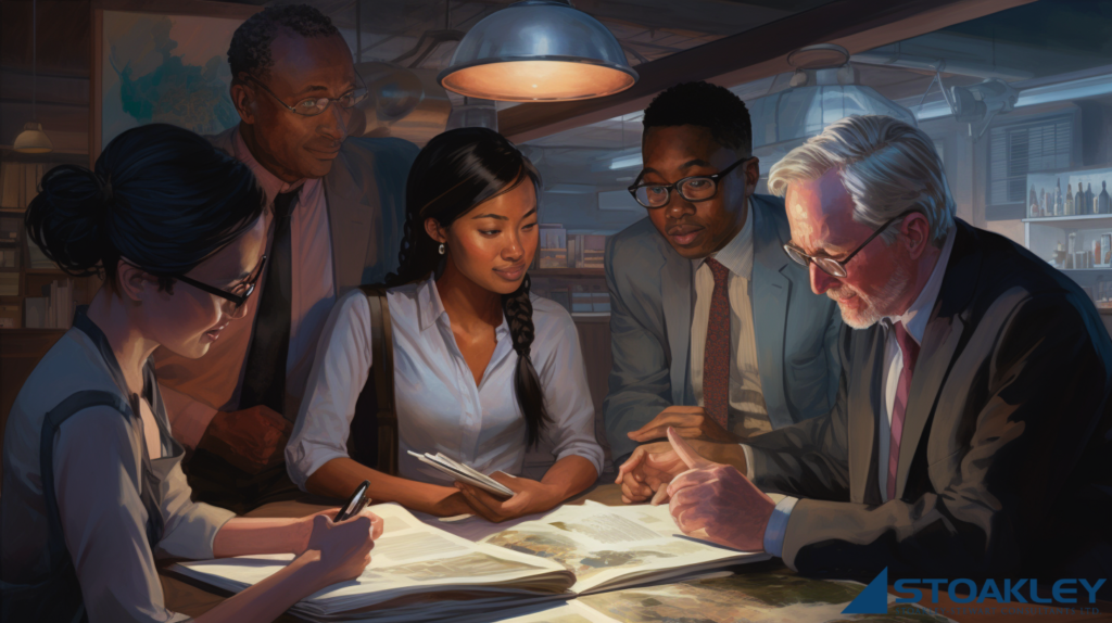 a group of younger, ethnically diverse employees work together at a desk with a more seasoned, grey haired and wise colleague, from they're learning with egaer receptivness