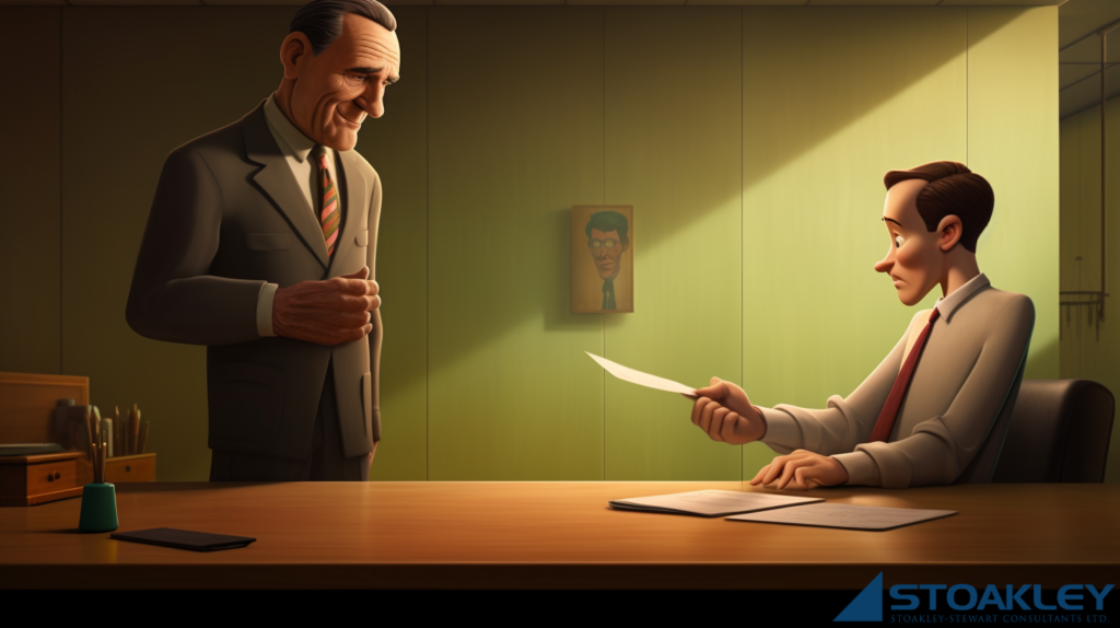 in a dimly lit office, an older, seasoned boss with a sly grin and up to no good, hovers ever so slightly over a younger, sheepish and hesitant employee who is handing back a signed counter offer from this incumbent employer instead of accepting a new job offer at a better employer