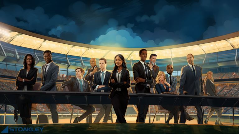 a dozen or so ethnically diverse, female and male professionals in suits and business attire, standing stoically in a sports stadium with ominous storm clouds brewing