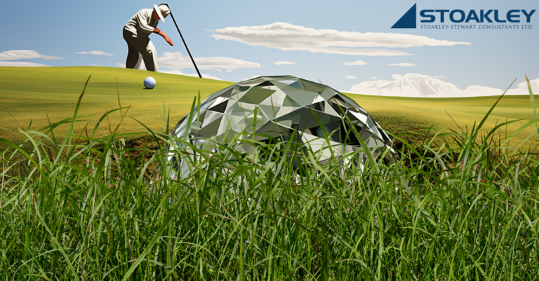a stylized depiction of a diamond golf ball shaped diamond, lying "in the rough" (tall grass) on a golf course, and in the background a golfer bends over with his golf club to examine a golf ball