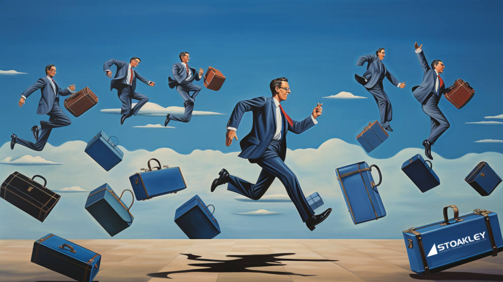 an abstract image of a business man hopping from suitcase to suitcase, mid-jump, conveying the idea of hopping from one job to another, in the background are 5 smaller versions of the businessman mid jump, each holding a briefcase, again indicating the different jobs one has in their lives, leaping from one to the next, as part of one's natural career journey and progression, all in various blue hues, the stoakley logo adorns one of the briefcases