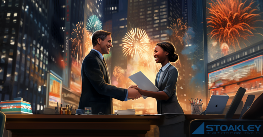 Set to the backdrop of skyscrapers and fireworks going off, a la Times Square New Year's Eve celebration, a 50s something Caucasian man in a suit shakes the hand of an African-Canadian female professional, both elated as evidenced by their big smiles, as he welcomes her to the company having just hired her. In the foreground is a desk with pens, some files, a desk phone, a couple of laptops and other business instruments. All of this imagery being an allusion to a concept we've coined here called "Happy Recruiting New Year". As in, with the return of school, the end of summer, as marked by Labour Day, businesses get back to business. Especially with recruiting, which means a busy finish to the year for we recruiting firms. Something we're more than happy about, but more so relieved about, after hiring slowdowns, challenges, recruiter frustration despite trying our best to bring together employers and candidates who are more often than not, sitting on the beach or the dock all summer!
