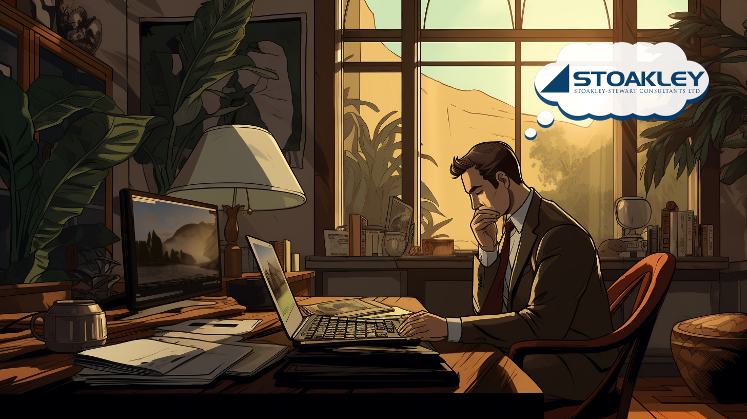 a quasi-realistic depiction of a businessman in a brown business suit, sitting at his desk in his home office in front of an open laptop, with his hand to his chin as he is deep in thought about something, at dusk as setting sunlight pours through large windows