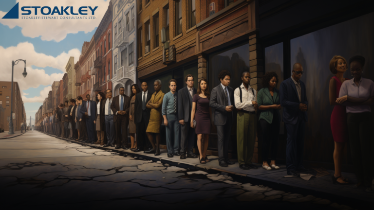 a quasi-realistic depiction of a city street lined with buildings, and on the sidewalk stands a long line of professionals as far as the eye can see, waiting to be interviewed for a job, conveying the concept that hiring processes are too long and need to be shortened in today's competitive talent marketplace