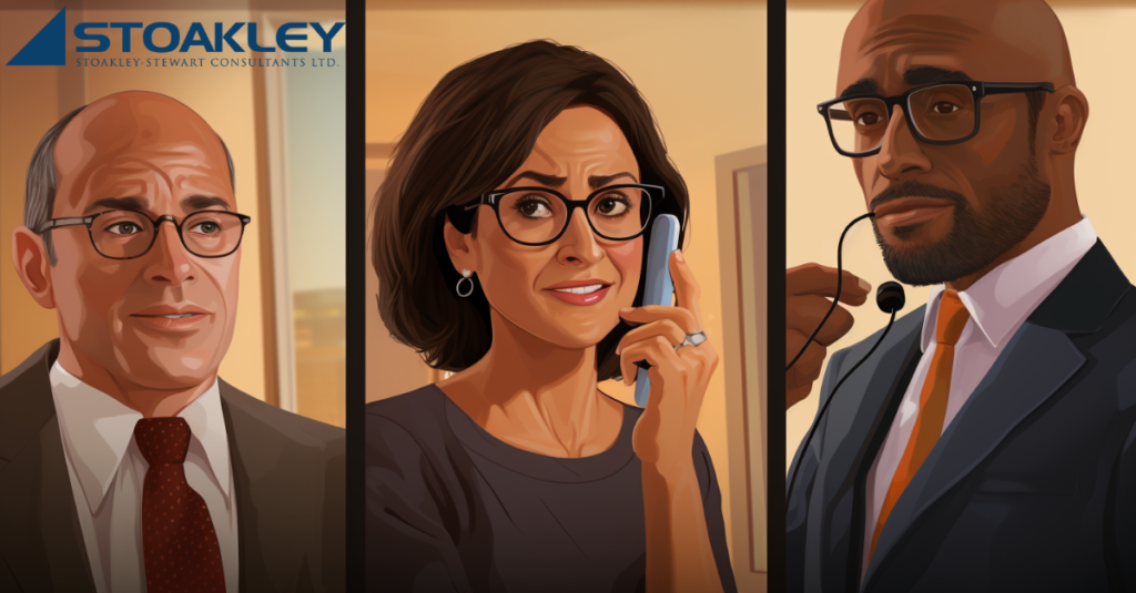 3 cut scenes of various, professionals, ethnically diverse, both male and female, as they look towards the camera with serious but calm demeanors, as feedback about a job candidate's candidacy is being relayed from employer, to recruiter, to the job candidate themselves
