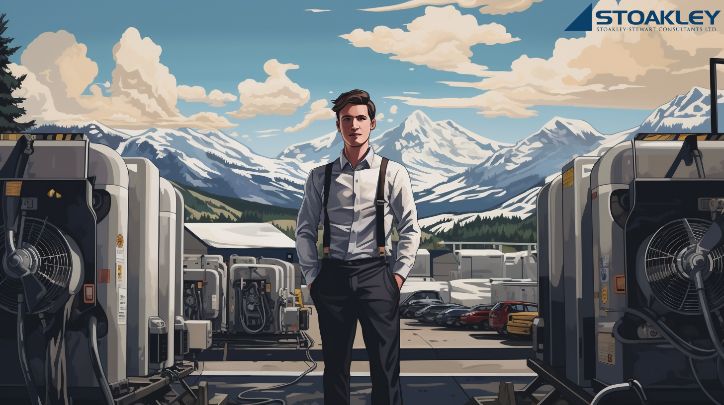 a young male professional stands with his hands in his pockets, wearing dress pants, a white dress shirt, no tie, and black suspenders, betwen large commercial HVAC units on the roof of a building, with mountains with snowy mountain peaks in the background