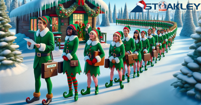 a group of elves holding their resumes and with work briefcases, dressed in their typical Christmas elf attire, with those green coats and white cufflings/collars, curly green boots, green and red point hats, lined up as far as the eye can see in a wintry setting, with santa's workshop in the distance