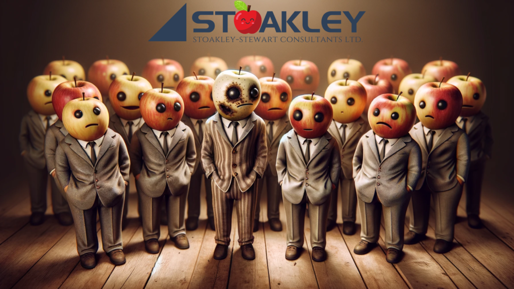 An abstract depiction of anthropomorphized apples in business suits, with concerned or aghast looks on their faces, standing in a group, with one rotting ("the bad apple") standing in the forefront with a downtrodden look on its face