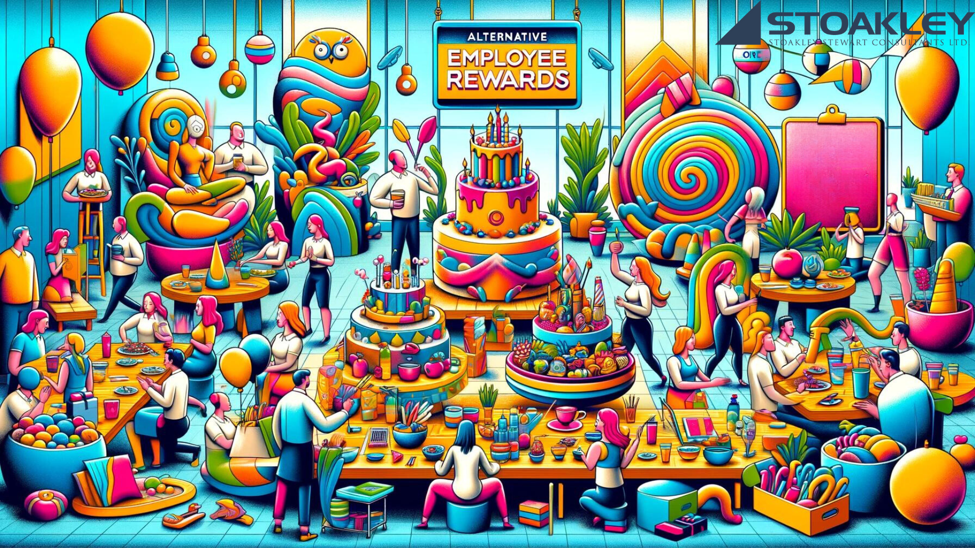 This vibrant and colorful image depicts an office party or celebration. The scene is buzzing with activity and is filled with people and decorations. Balloons in various sizes and colors float around, and there are multiple tables laden with an abundance of food and desserts, including eye-catching, multi-layered cakes. The office workers, uniformly styled with pastel-toned clothing and similar hairstyles, are engaged in various activities—some are eating, some are in conversation, others are busy with their laptops, and a few are taking pictures.