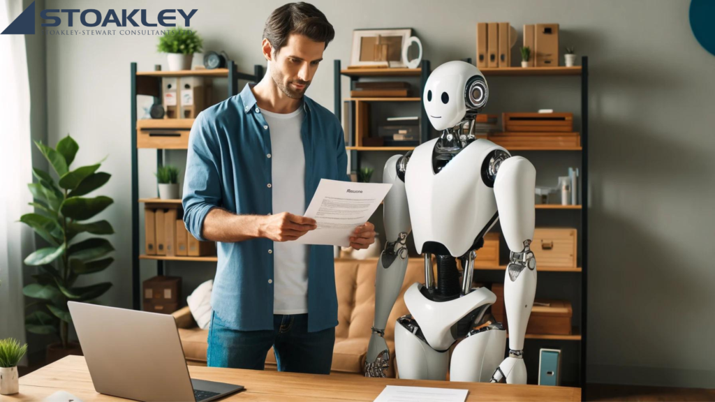 Man in casual attire and a robot standing in a modern, cozy home office, both focused on a sheet of paper/resume they are holding together. The office features a desk, computer, bookshelves, and plants, creating a bright and organized setting.