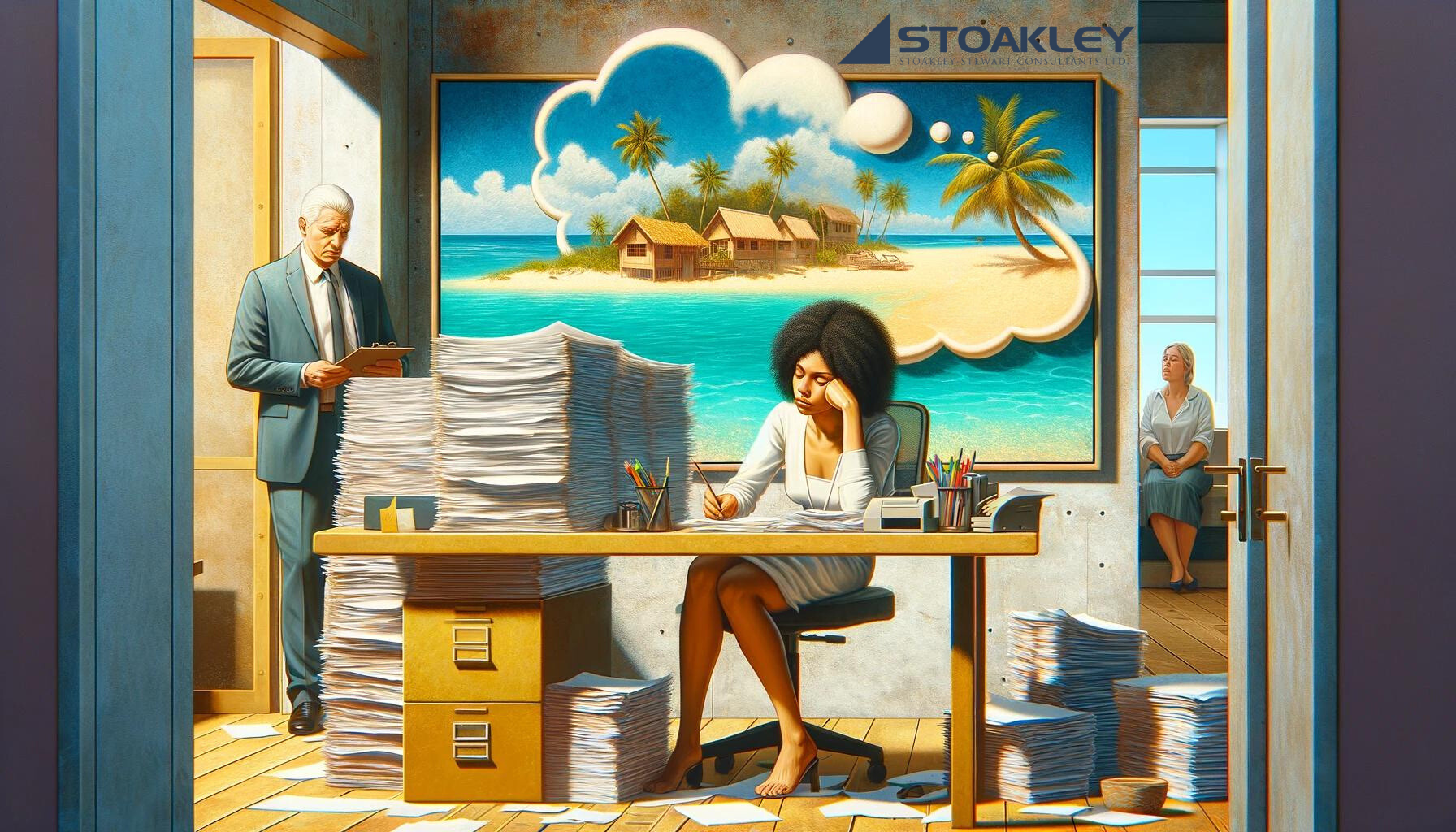 The image shows a surreal office scene where three individuals are depicted in a visually engaging environment. On the left, an older man in a light blue suit stands at the doorway, examining a clipboard, seemingly oblivious to the chaotic piles of papers surrounding him. In the center, a young woman sits at a cluttered desk, deeply engrossed in her work, with mountains of paperwork stacked around her, evoking a sense of overwhelm. She appears tired or frustrated. To her right, a large, vibrant painting of a tropical beach scene hangs on the wall, contrasting sharply with the stress of the office environment. On the right, another woman stands in a doorway, looking out pensively. The artwork creatively juxtaposes the dream of an idyllic vacation against the stark reality of office work.