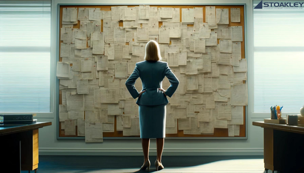 A woman in a professional business suit stands with her hands on her hips, facing a large bulletin board filled with numerous sheets of paper pinned up in a disorganized manner. The room is lit by natural light streaming in through two large windows with horizontal blinds on either side of the bulletin board. The scene suggests a moment of contemplation or strategy, possibly related to sorting through a complex array of information or tasks. The atmosphere is serious and focused.
