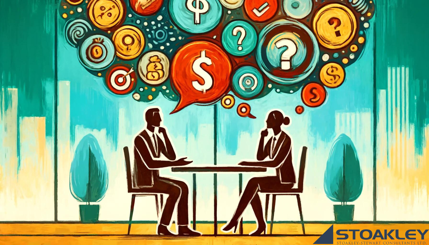 Abstract art of a job interview scene showing two figures at a desk. The figure on the left, representing a candidate, has a contemplative expression with visual symbols of money like coins and dollar signs floating around them, suggesting thoughts about financial gains. On the right, the interviewer is depicted with a neutral face, surrounded by question marks and speech bubbles with ellipses, indicating a deliberate avoidance of discussing money. The scene is set in a vibrant, stylized office environment.