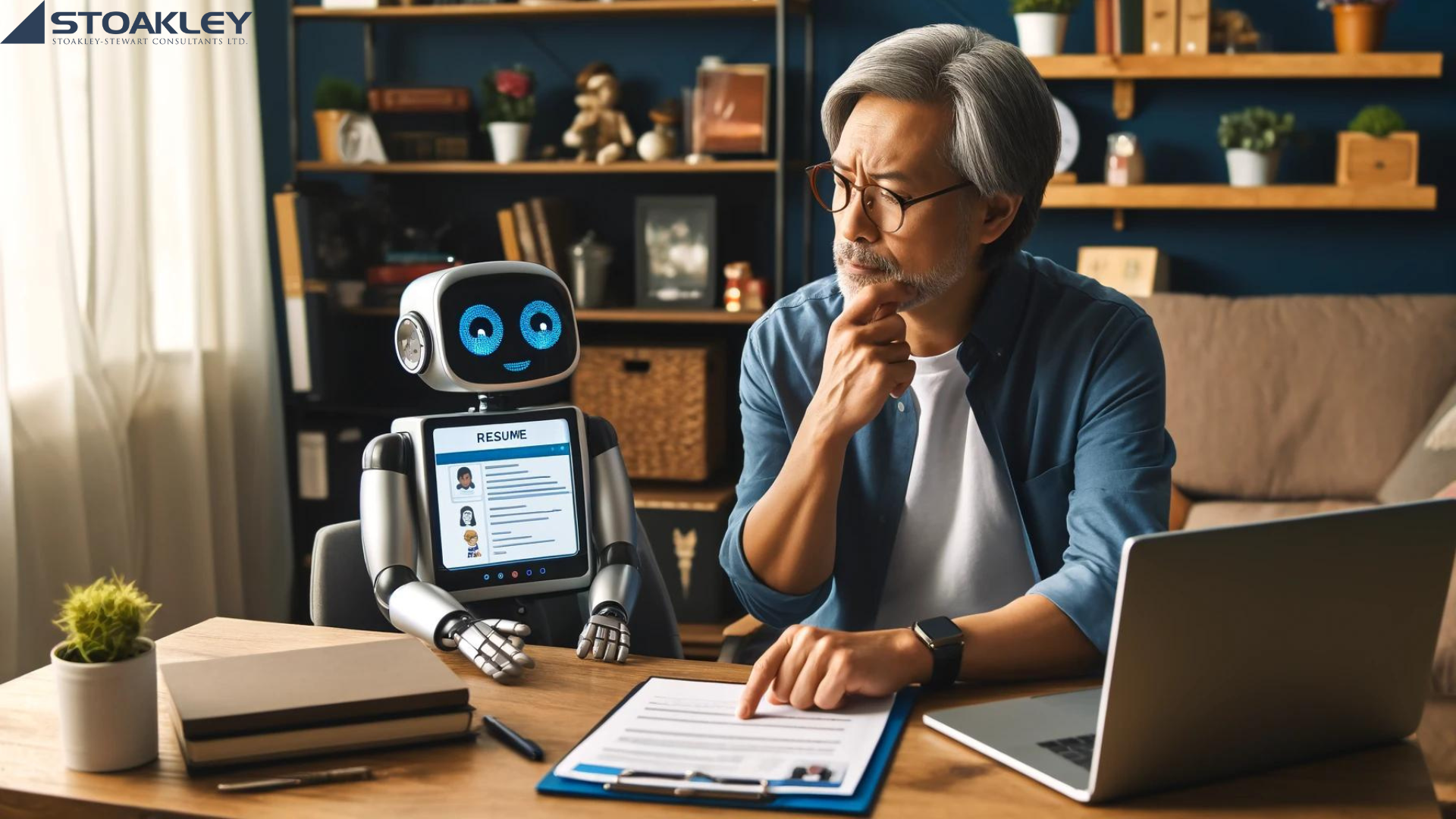 A 50-year-old South Asian man sits at his desk in his home office. Beside him, an endearing AI helper robot with a screen face showing expressive eyes and a smiling expression points at a computer screen displaying the man's resume. The man, wearing glasses and casual clothing, is deep in thought. The cozy home office features bookshelves, personal items, and a window letting in natural light.