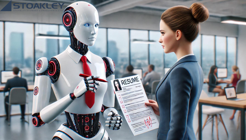 A humanoid robot with a sleek, futuristic design is holding a red pen in one hand and a woman's resume in the other. The robot is adorned with red accents and a red tie. The woman, dressed in a professional blue suit, is attentively looking at the robot. The setting appears to be a modern office environment, with large windows showcasing a cityscape and other employees working in the background.
