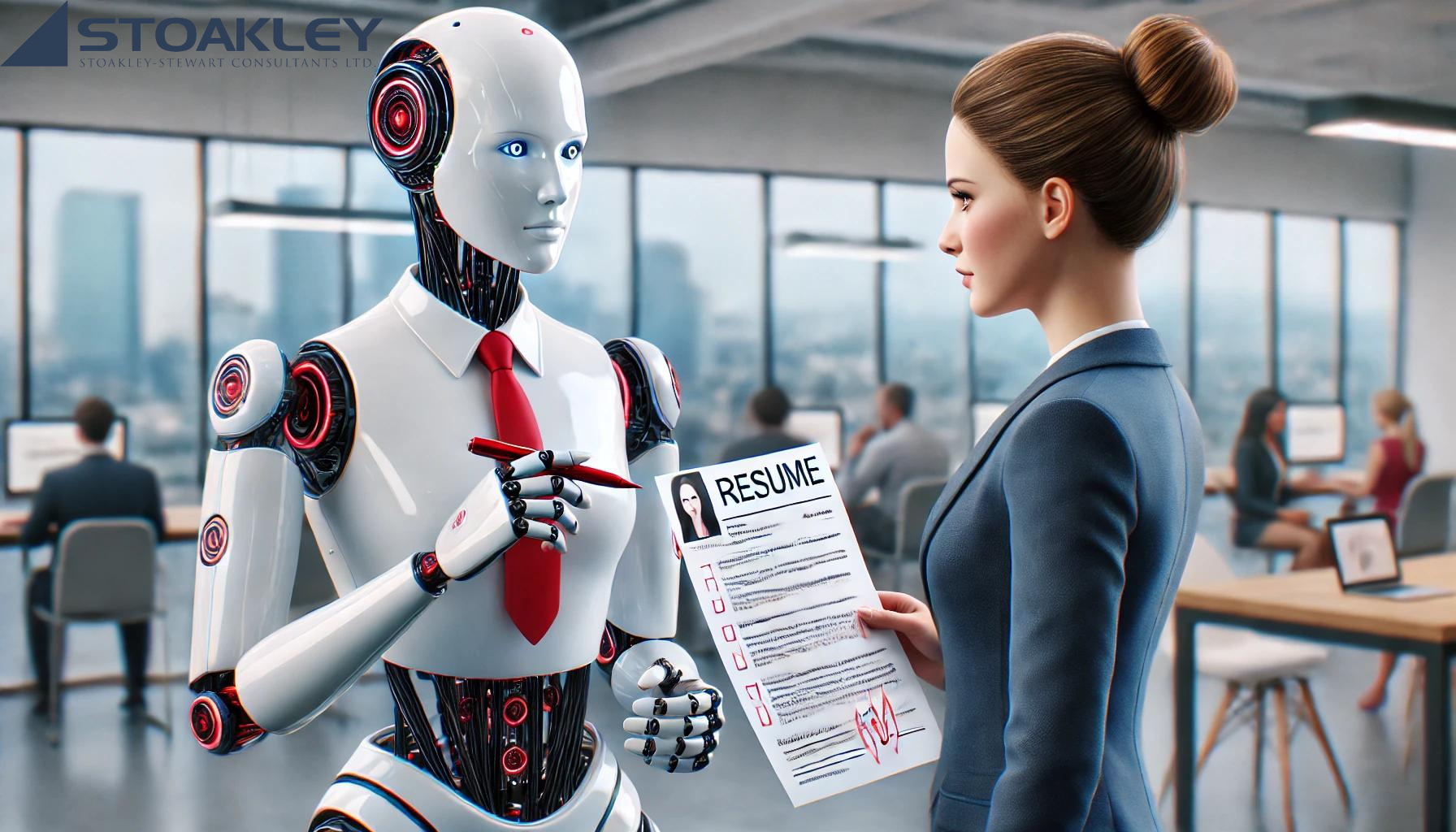 A humanoid robot with a sleek, futuristic design is holding a red pen in one hand and a woman's resume in the other. The robot is adorned with red accents and a red tie. The woman, dressed in a professional blue suit, is attentively looking at the robot. The setting appears to be a modern office environment, with large windows showcasing a cityscape and other employees working in the background.