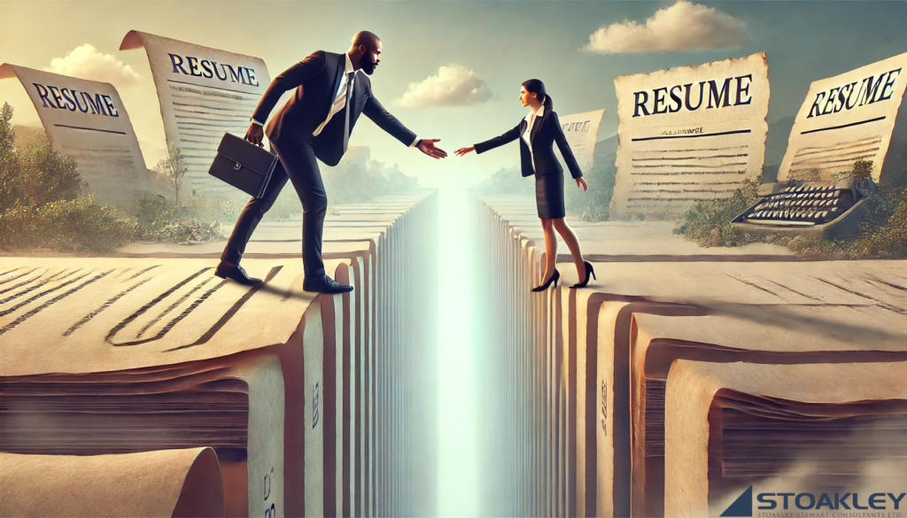 The image depicts two business professionals, a man and a woman, dressed in formal attire, standing on large stacks of paper, each representing resumes. The stacks of resumes are separated by a large gap, symbolizing a career gap or break. The two professionals are reaching out to each other, attempting to bridge the gap between them. In the background, more large resumes and a typewriter can be seen, further emphasizing the theme of resumes and career gaps. The image conveys the concept of overcoming career gaps and fostering connections despite them, highlighting a progressive approach to talent acquisition.