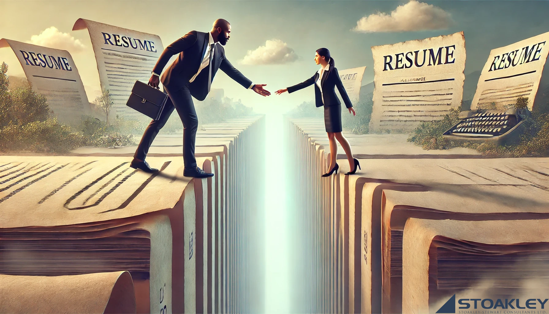 The image depicts two business professionals, a man and a woman, dressed in formal attire, standing on large stacks of paper, each representing resumes. The stacks of resumes are separated by a large gap, symbolizing a career gap or break. The two professionals are reaching out to each other, attempting to bridge the gap between them. In the background, more large resumes and a typewriter can be seen, further emphasizing the theme of resumes and career gaps. The image conveys the concept of overcoming career gaps and fostering connections despite them, highlighting a progressive approach to talent acquisition.
