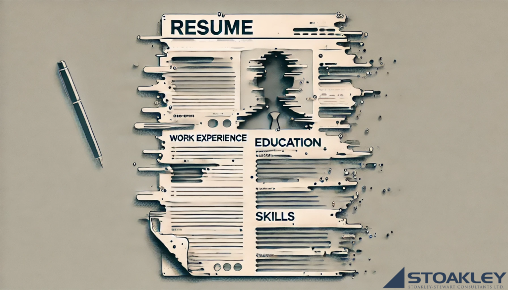 The image shows an abstract representation of a resume, with a minimalist design. The resume layout features distinct sections that are mostly empty, symbolizing gaps in work history or other missing information. The sections are outlined by subtle, faded lines, creating a sense of incomplete data. The background is a light gray, enhancing the clean and modern aesthetic. There is no text visible in the image, emphasizing the concept of an incomplete or interrupted career, with a focus on the visual contrast between filled and empty spaces.