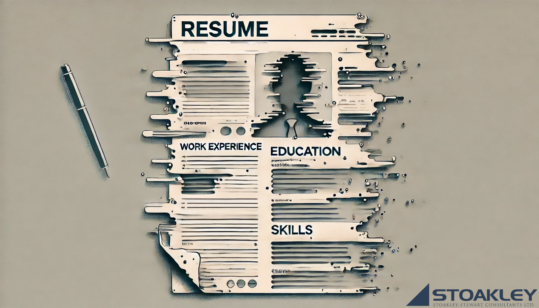 The image shows an abstract representation of a resume, with a minimalist design. The resume layout features distinct sections that are mostly empty, symbolizing gaps in work history or other missing information. The sections are outlined by subtle, faded lines, creating a sense of incomplete data. The background is a light gray, enhancing the clean and modern aesthetic. There is no text visible in the image, emphasizing the concept of an incomplete or interrupted career, with a focus on the visual contrast between filled and empty spaces.