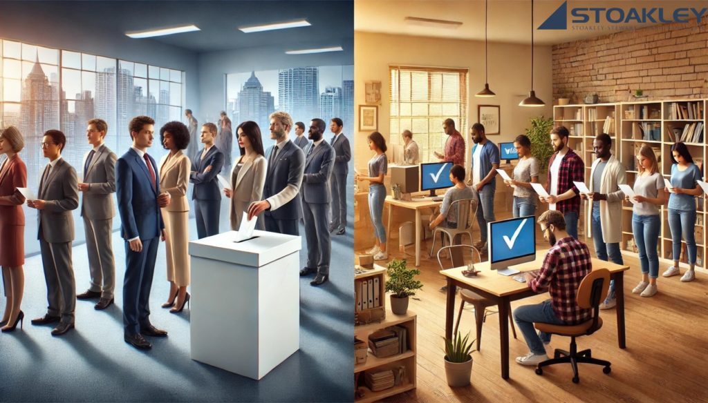 This image is a split-screen comparison showing two different work environments. On the left, there is a corporate office setting with employees in professional attire standing in line to cast their votes, symbolizing a formal, structured environment. The background features tall skyscrapers, reinforcing the urban office context. On the right side, there is a more casual workspace, possibly a home office or co-working space, with individuals in relaxed clothing holding papers, while others work at computers. The atmosphere appears informal, and the interior has a warm, cozy vibe with wooden floors and houseplants. The contrasting sides suggest a division between traditional office culture and modern, flexible work-from-home environments, further emphasized by the inclusion of the Stoakley company logo in the upper right corner, possibly reflecting recruitment or workforce trends.