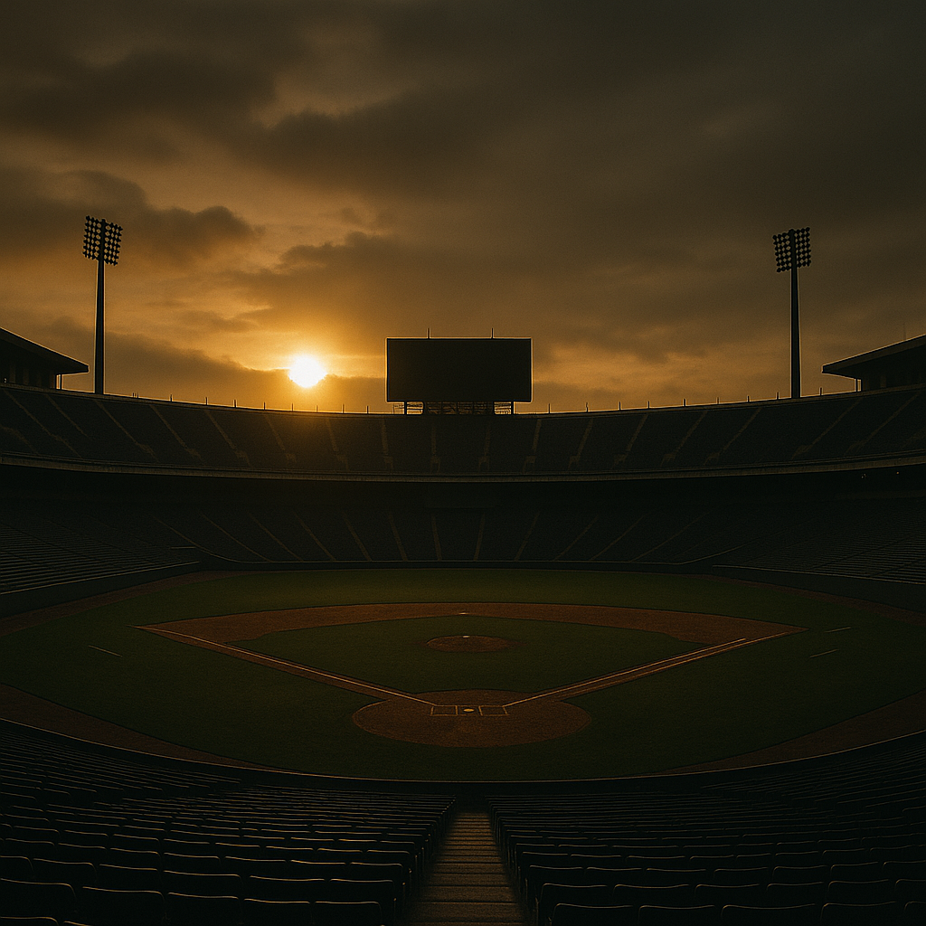 Empty baseball stadium at sunset, with the infield diamond and pitcher's mound visible under a warm orange sky, creating a quiet and reflective atmosphere.