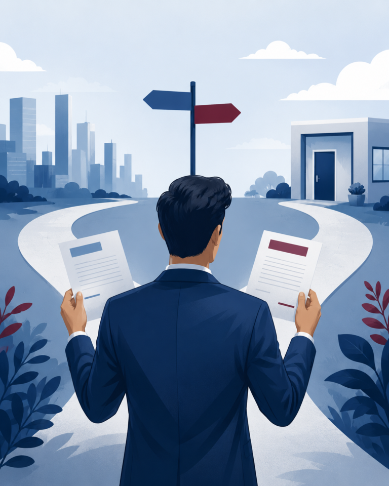 Business professional standing at a fork in the road while holding two documents, symbolizing a career decision between competing job offers or a counteroffer.