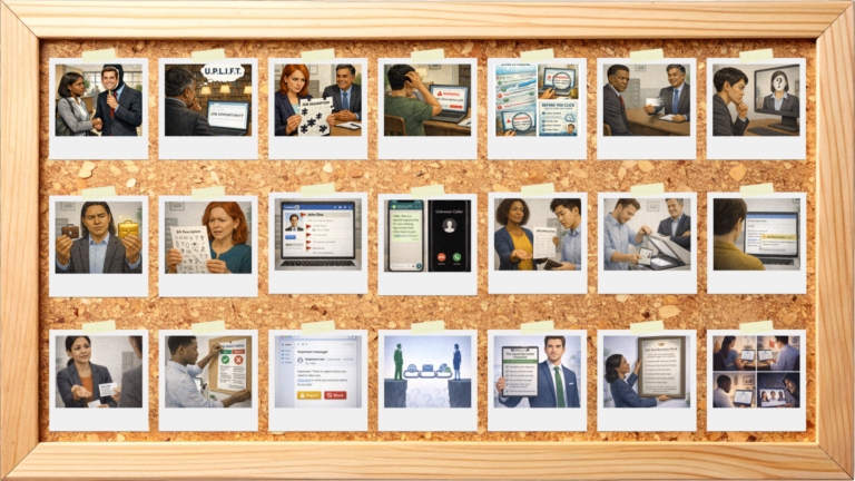 a cork board with an oak wood frame, has 21 polaroid photos tapped to it, with each polaroid featuring a different quasi-realistic image detailing various fake recruiter tell signs and/or suspect job outreach techniques that job seekers ought be aware of and prepared for
