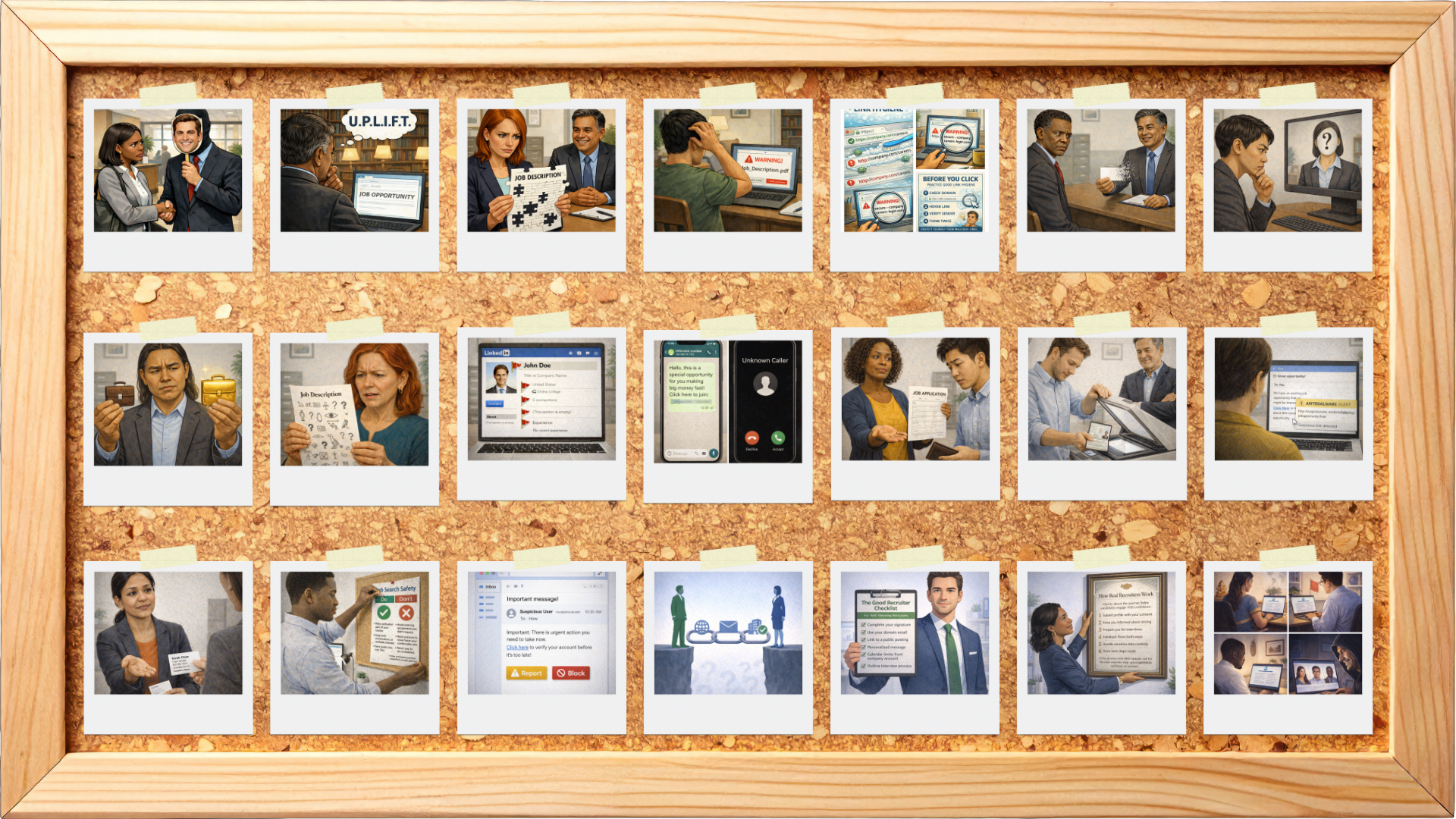 A cork board with an oak wood frame displaying Polaroid-style images illustrating fake recruiter warning signs, suspicious job outreach and safer job-search practices.