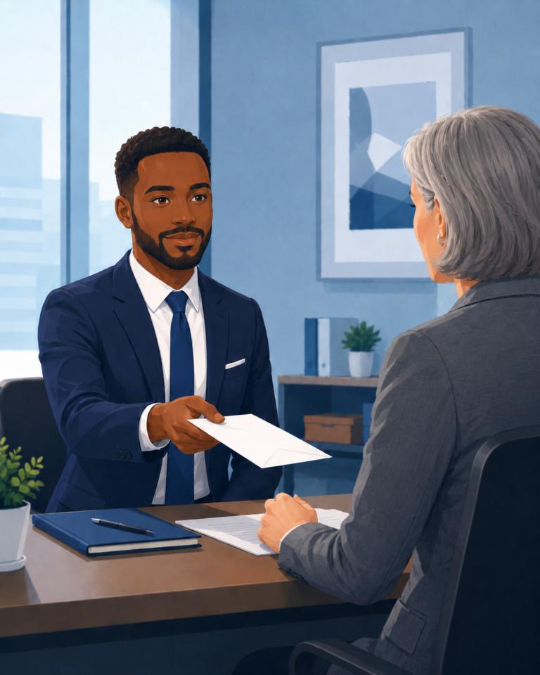 Black male professional seated across a desk from a grey-haired Caucasian woman in a modern office, handing her a document during a formal meeting, suggesting a resignation or other professional discussion.