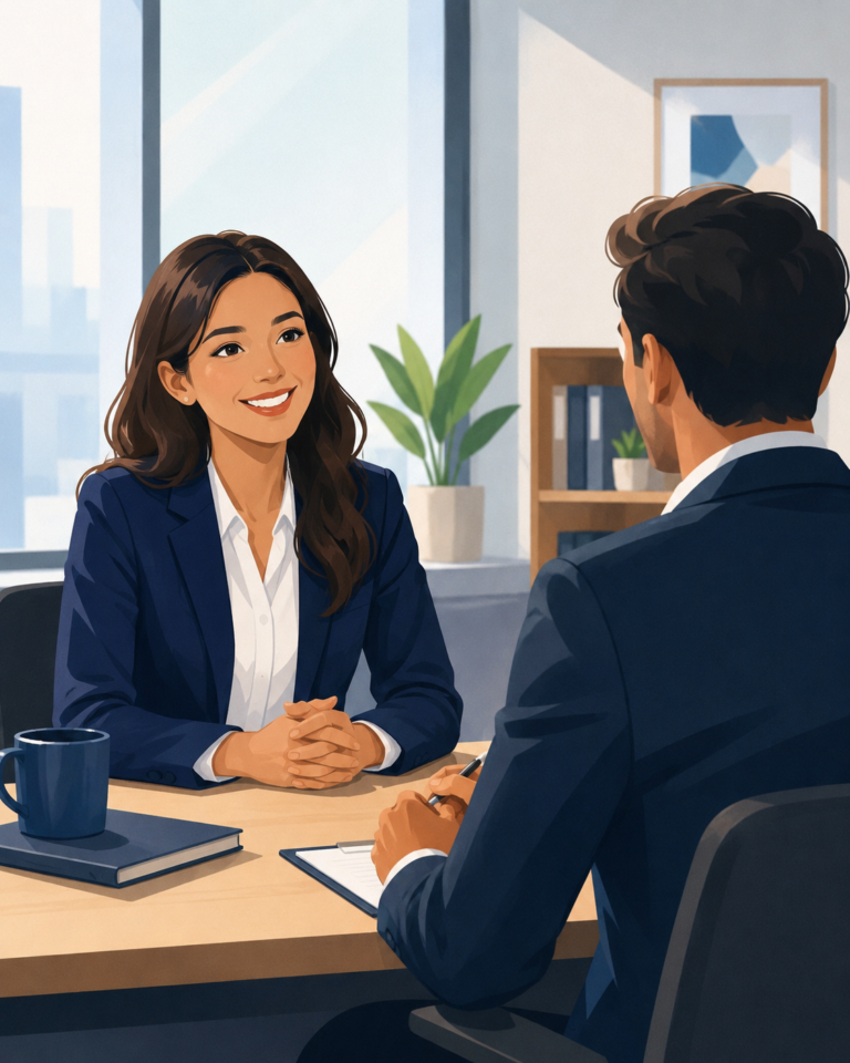 Smiling female candidate in a professional interview with a hiring manager in a modern office setting.