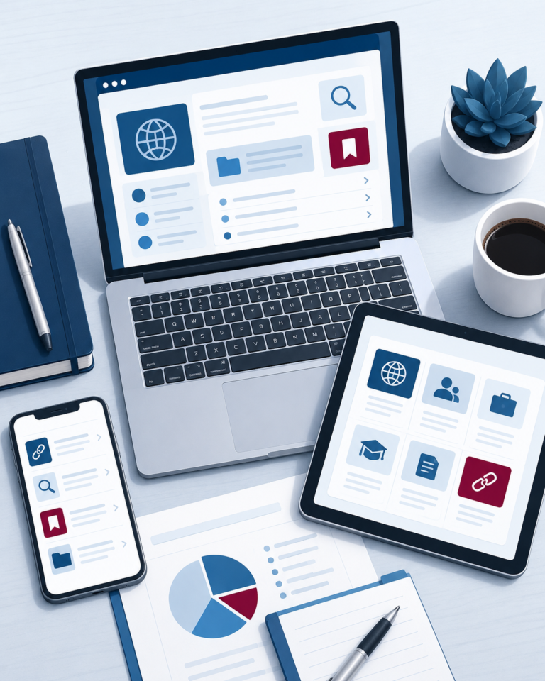 Laptop, tablet, and smartphone displaying organized online resource icons, representing curated websites, digital tools, and job search resources.