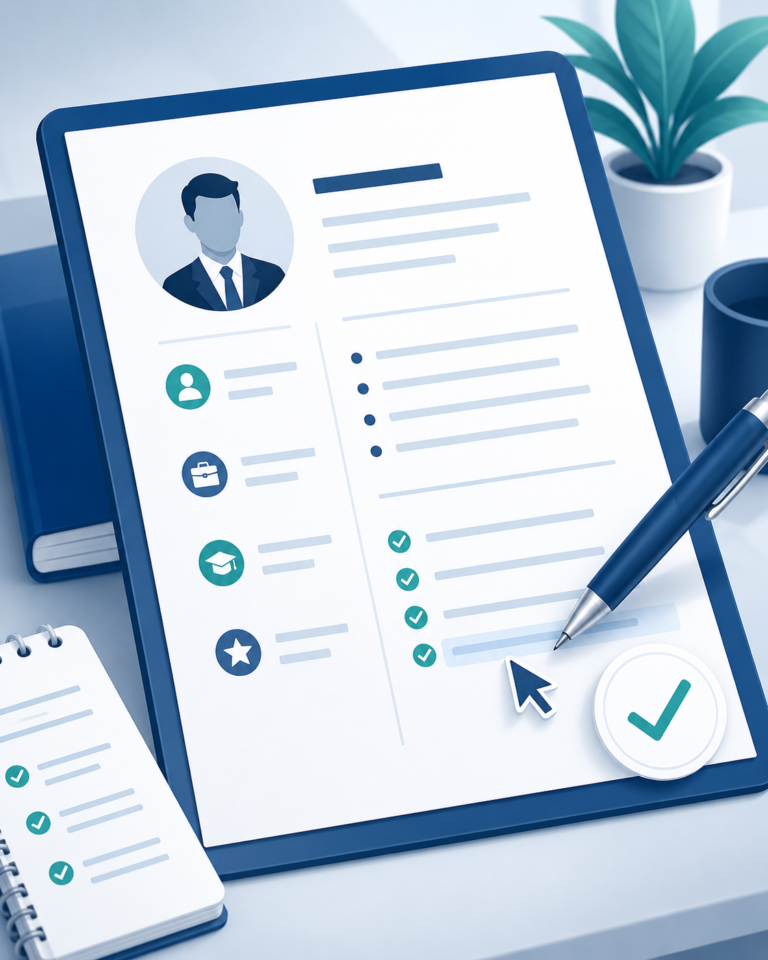 Digital resume with checklist icons and a pen, representing resume review, improvement, and job application preparation.