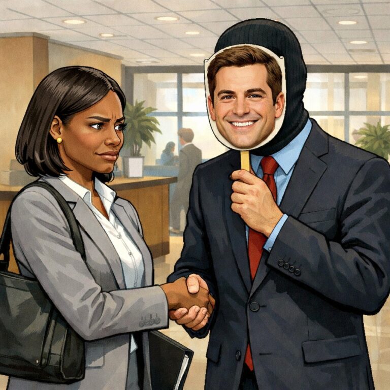 Illustration of a Black woman in a grey blazer and white blouse shaking hands with a suited man in an office. The woman looks uneasy and suspicious while the man holds a smiling photograph of another man’s face over his own like a mask, suggesting recruiter impersonation or a fake identity.