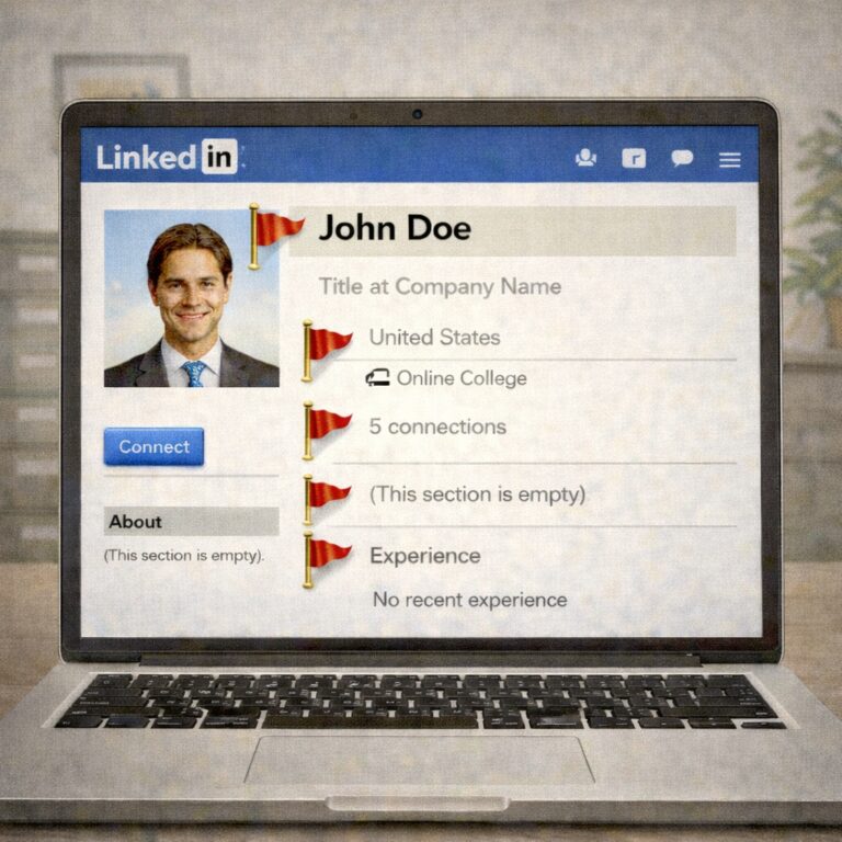 Illustration of a laptop showing a LinkedIn-style profile for “John Doe” with several red flag symbols beside suspicious or incomplete details, including a generic job title, very few connections, an empty About section and little recent experience. The image represents warning signs to review when evaluating an unfamiliar recruiter profile on LinkedIn.