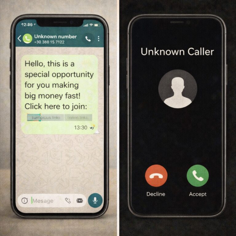 Split-screen illustration of two smartphones. The left phone shows a WhatsApp-style message from an unknown number promising a “special opportunity” and “big money fast,” with a suspicious link. The right phone shows an incoming call from an “Unknown Caller.” The image represents questionable recruiting outreach delivered through unverified messaging and phone channels and the importance of confirming who is contacting you before engaging.