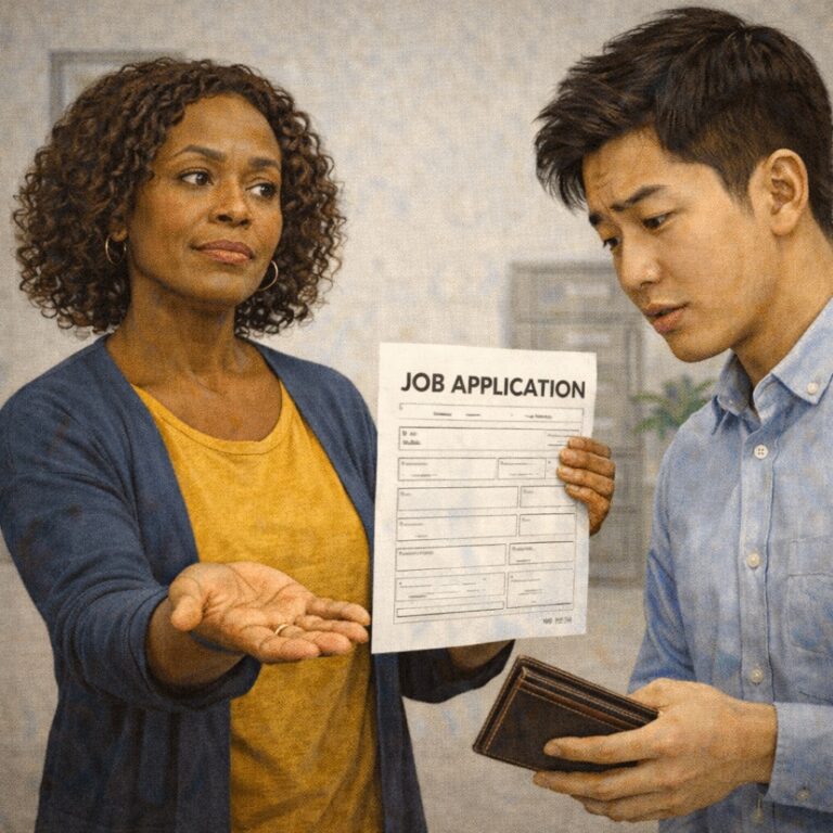 Illustration of a young Asian man holding an open wallet and looking concerned while a Black woman presents a paper titled “Job Application” and extends an open hand as if asking for payment. The image represents a warning sign in job scams: being asked to pay money in order to apply for, secure or advance through a job opportunity.