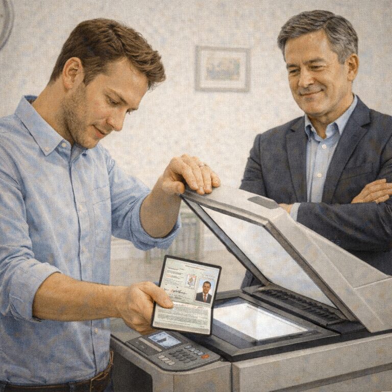 Illustration of a man placing an identification document on a photocopier while another professionally dressed man stands nearby. The image represents sharing government-issued ID during a hiring process only after the recruiter, employer, purpose and method of collection have been properly verified.