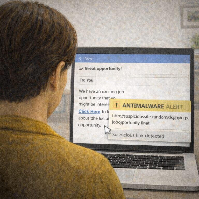 Illustration of a person viewing a job-opportunity email on a laptop after following a link. A large “Antimalware Alert” warning appears over the screen and identifies the destination as a suspicious website. The image represents what can happen after clicking an unsafe recruiter link and the importance of responding quickly when security software flags a potential threat.