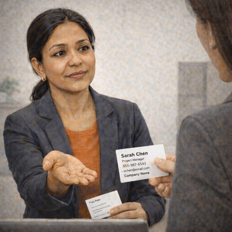 Illustration of a woman in business attire speaking with another person while contact cards are exchanged across a desk. One card shows a name, job title, phone number, email address and company name, symbolizing a job seeker politely asking a recruiter for verifiable professional details before continuing the conversation.