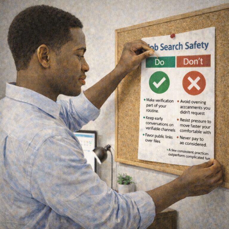 Illustration of a Black man in a light blue shirt pinning a “Job Search Safety” checklist to a corkboard. The poster is divided into green “Do” and red “Don’t” sections with a check mark and an X, highlighting habits such as verifying recruiters, using traceable communication channels, favouring official links, avoiding unsolicited attachments, resisting pressure and never paying to be considered for a job.